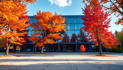 A sleek corporate office building is framed by vibrant autumn trees, their leaves turning shades of amber and crimson. 