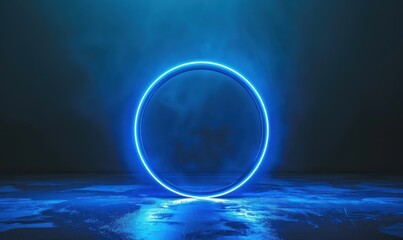 Glowing blue neon circle in a dark room with reflective surface. Futuristic and digital design concept.