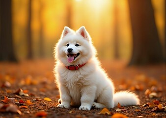 Fototapeta premium Fluffy White Puppy in an Autumn Forest Samoyed puppy