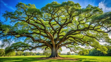 Fototapeta premium Tall and majestic oak tree with a thick trunk and sprawling branches, oak, tree, nature, forest, woodland, foliage, bark, strong