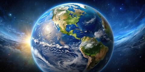 Obraz premium A celestial view of Earth with a focus on North and South America, showcasing the intricate details of landmasses, oceans, and cloud formations.