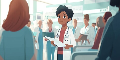 Patient Advocate Meeting with Families: Illustrate a patient advocate discussing health plans and rights with a patients family in a hospital setting, emphasizing support
