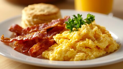 Classic breakfast plate with crispy bacon, scrambled eggs, and a biscuit