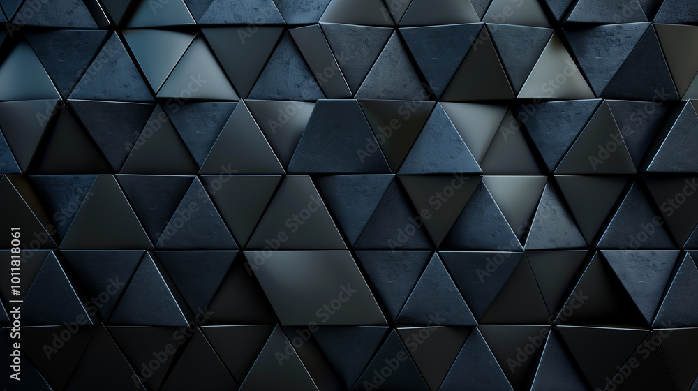 Poster semigloss, polished wall with triangular tiles forming 3d black block patterns. stylish geometric wa