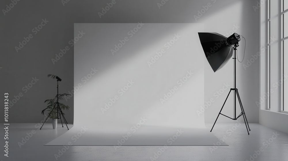 Poster minimalist studio background designed for interviews, featuring a solid light gray backdrop and soft