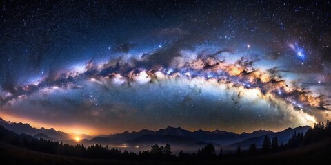 Naklejka premium A majestic view of the Milky Way Galaxy over a mountain range, with a faint glow of light from a distant town in the valley below.