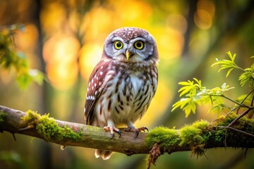 Adorable Small Owl Perched on a Branch Surrounded by Nature in a Beautiful Forest Setting