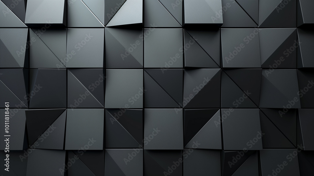 Poster semigloss, polished wall with triangular tiles forming 3d black block patterns. stylish geometric wa