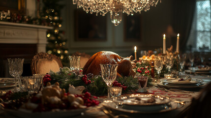 An Elegant Holiday Feast: A Stunningly Decorated Dining Room with Festive Lights, Delicious Turkey, and Beautiful Table Setting for a Memorable Celebration