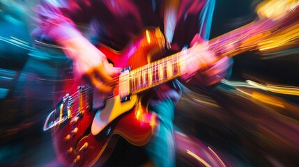Obraz premium Abstract motion blurred image of a jazz guitarist improvising on stage. Jazz music concept.