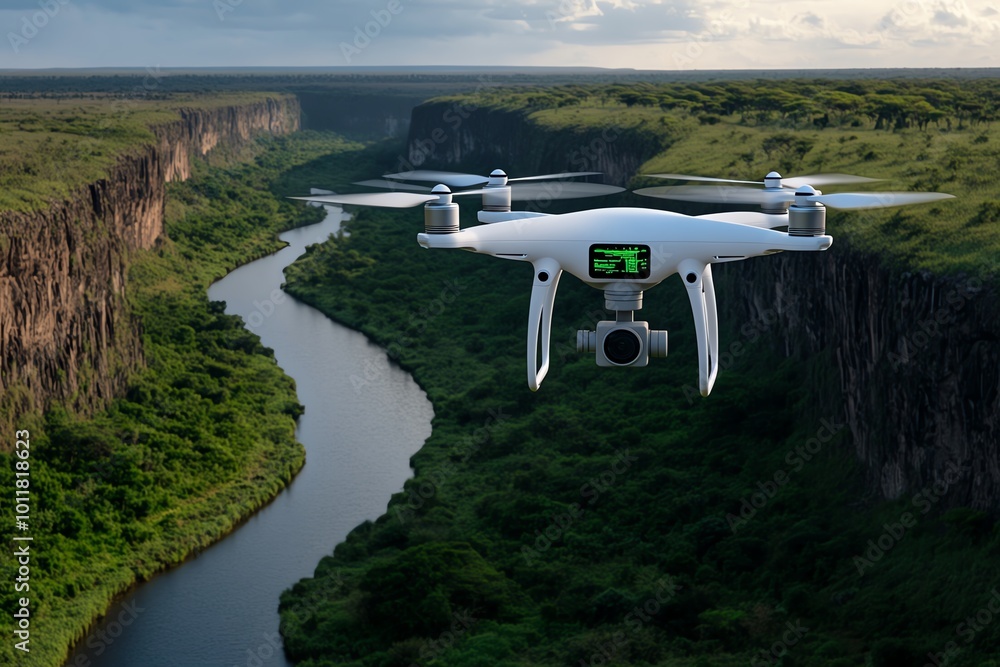 Poster a futuristic conservation reserve in the great rift valley, where drones monitor wildlife and ai sys