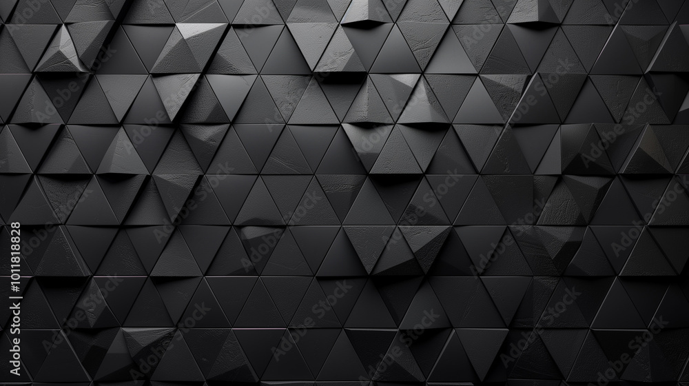 Poster semigloss, polished wall with triangular tiles forming 3d black block patterns. stylish geometric wa