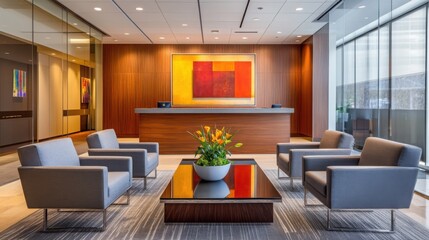 Fototapeta premium modern corporate office background for interviews, featuring glass walls, contemporary furniture, and artwork