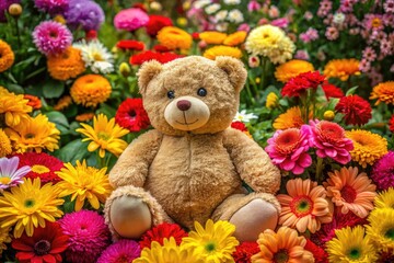 Obraz premium Adorable teddy bear surrounded by colorful flowers, perfect for childhood memories and gifts