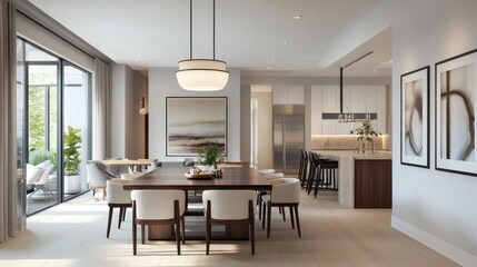 Modern Dining Room with Open Kitchen and Natural Light