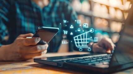 Person using smartphone for online shopping with laptop and digital shopping cart icons. E-commerce and retail concept.