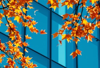 A close-up of a modern corporate glass structure, reflecting bright autumn leaves as they flutter in the breeze.
