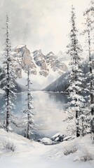 Obraz premium Snow-Covered Mountain Landscape with a Frozen Lake