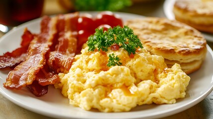 Scrambled eggs with crispy bacon and a fresh biscuit