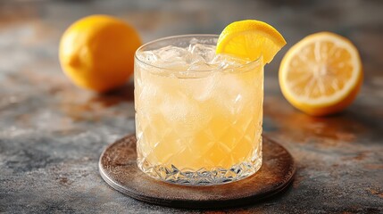 Fototapeta premium Lemon cocktail with ice cubes in a crystal glass on a rustic background
