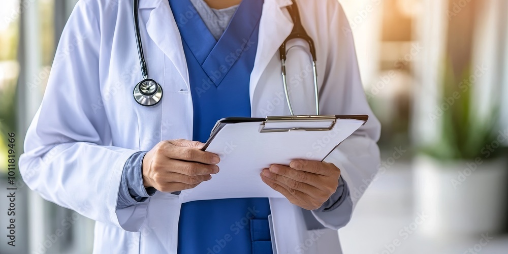 Aufkleber accreditation process: illustrate a hospital administrator preparing documentation for accreditation
