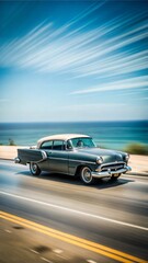 Obraz premium Vintage car going in a high way next to the ocean