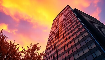 A close-up  towering office skyscraper catches the last rays of a vibrant autumn sunset.