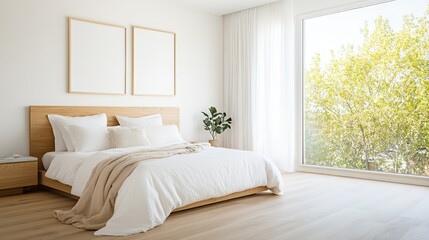 Modern minimalist bedroom with a platform bed, neutral tones, and floor-to-ceiling windows, Taken by Nikon Z7 35mm lens