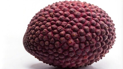 A single, whole, red lychee fruit with a textured, bumpy skin, isolated on a white background.