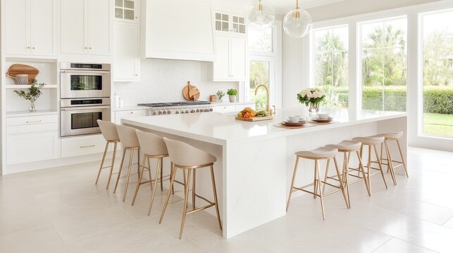 Luxurious contemporary kitchen with marble island, gold accents, and high-end appliances, Taken by Nikon Z7 35mm lens