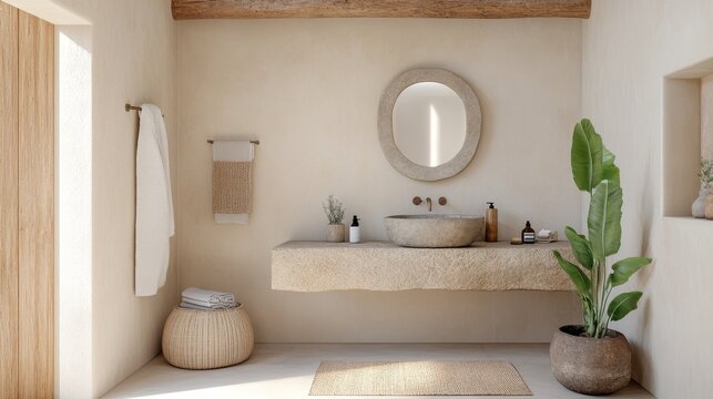 Rustic farmhouse bathroom with exposed wood beams, a stone sink, and antique brass fixtures, Taken by Nikon Z7 35mm lens