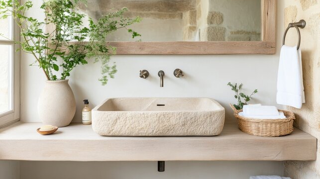 Rustic farmhouse bathroom with exposed wood beams, a stone sink, and antique brass fixtures, Taken by Nikon Z7 35mm lens