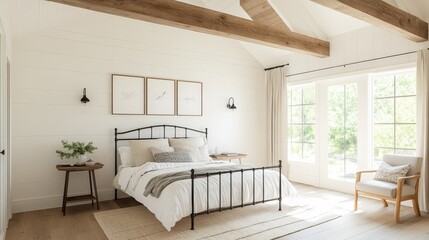 Rustic farmhouse bedroom with a wrought iron bed frame, wooden beams, and cozy quilts, Taken by Nikon Z7 35mm lens