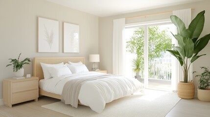 Scandinavian-inspired bedroom with light wood furniture, white linens, and simple decor, Taken by Nikon Z7 35mm lens