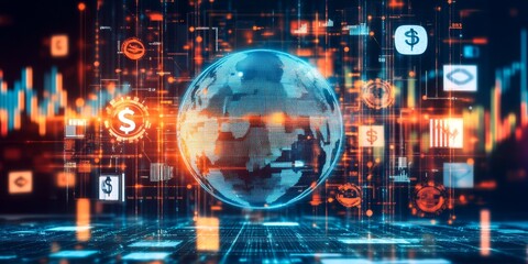 Obraz premium Global Finance Network: Show a globe connected by financial symbols (dollar, euro, yen) linked by glowing lines, symbolizing the interconnected nature of the global finan