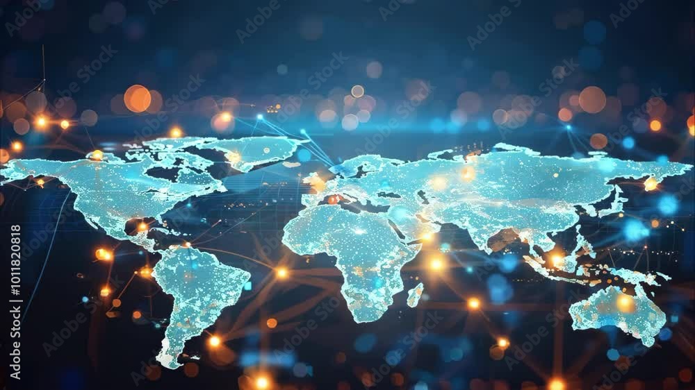Poster a digital representation of a world map with glowing connections and lights, symbolizing global netw