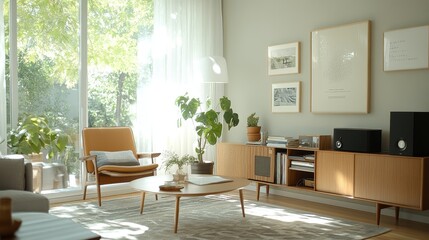 Fototapeta premium Mid-century modern living room with vintage furniture, geometric patterns, and warm wood tones, Taken by Nikon Z7 35mm lens