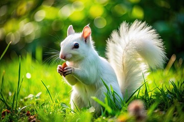Adorable White Squirrel foraging in a lush green park on a sunny day, showcasing its unique fur