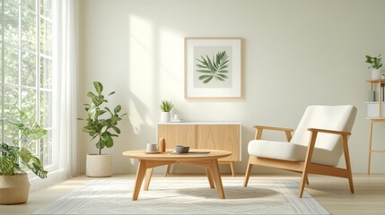 Mid-century modern living room with vintage furniture, geometric patterns, and warm wood tones, Taken by Nikon Z7 35mm lens