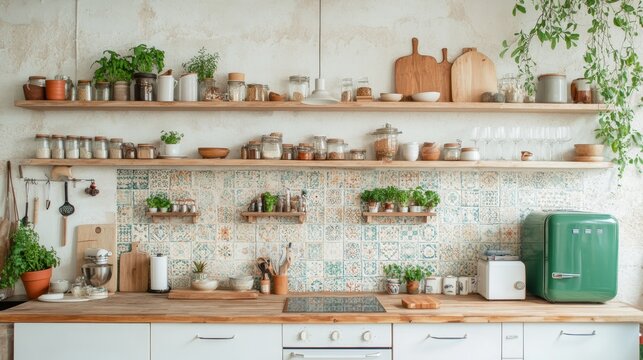 Bohemian kitchen with colorful tiles, open shelving filled with eclectic decor, and warm wood tones, Taken by Nikon Z7 35mm lens