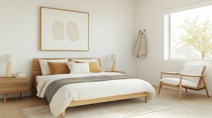 Mid-century modern bedroom with a sleek wooden bed, geometric patterns, and bold accent colors, Taken by Nikon Z7 35mm lens