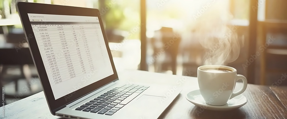 Aufkleber laptop with a spreadsheet open and a cup of coffee on a table in a cafe.