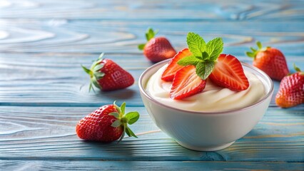 Creamy yogurt topped with fresh strawberries, yogurt, strawberries, healthy, snack, breakfast, dairy, delicious, spoon, fruit, red