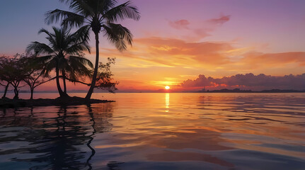 Vibrant Anime-Inspired Sunset with Silhouetted Palm Trees and Golden Waves