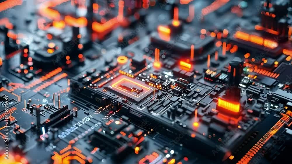 Poster complex electronic circuit board with glowing orange lights, symbolizing data flow and processing po