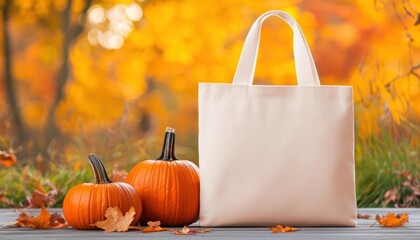 Autumn scene with pumpkins and a tote bag, warm fall colors in the background.
