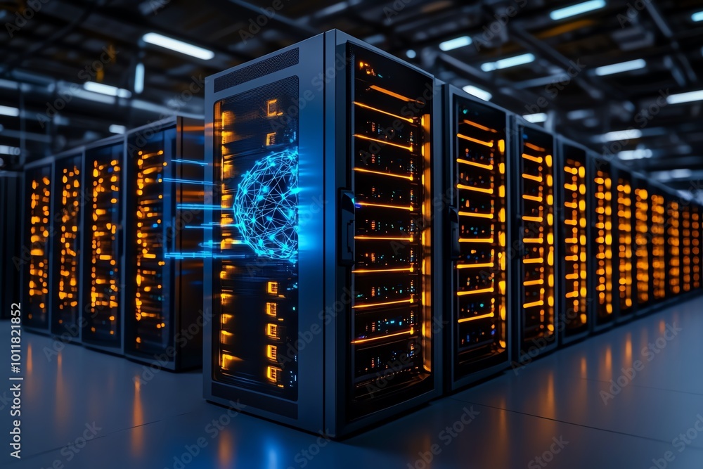 Aufkleber a futuristic data center with glowing servers, under cyberattack from ai-driven malware, symbolizing