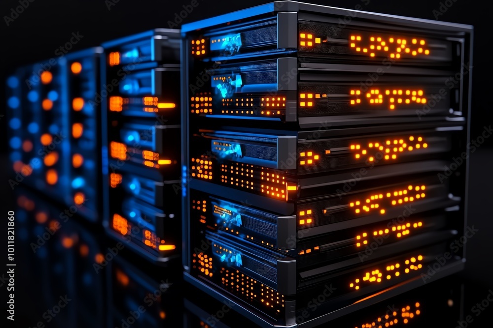 Aufkleber a futuristic data center with glowing servers, under cyberattack from ai-driven malware, symbolizing