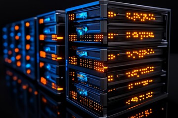 Naklejka premium A futuristic data center with glowing servers, under cyberattack from AI-driven malware, symbolizing data theft in a technologically advanced future