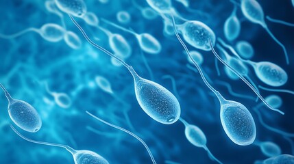 Microscopic image of sperm cells swimming in a blue environment
